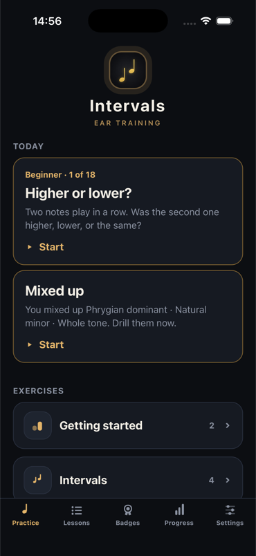 Intervals home screen with today’s lesson and exercises